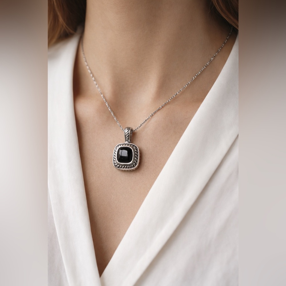 Sterling Silver Black Onyx-Like Square Pendant Necklace | 19” Chain | VNS STG